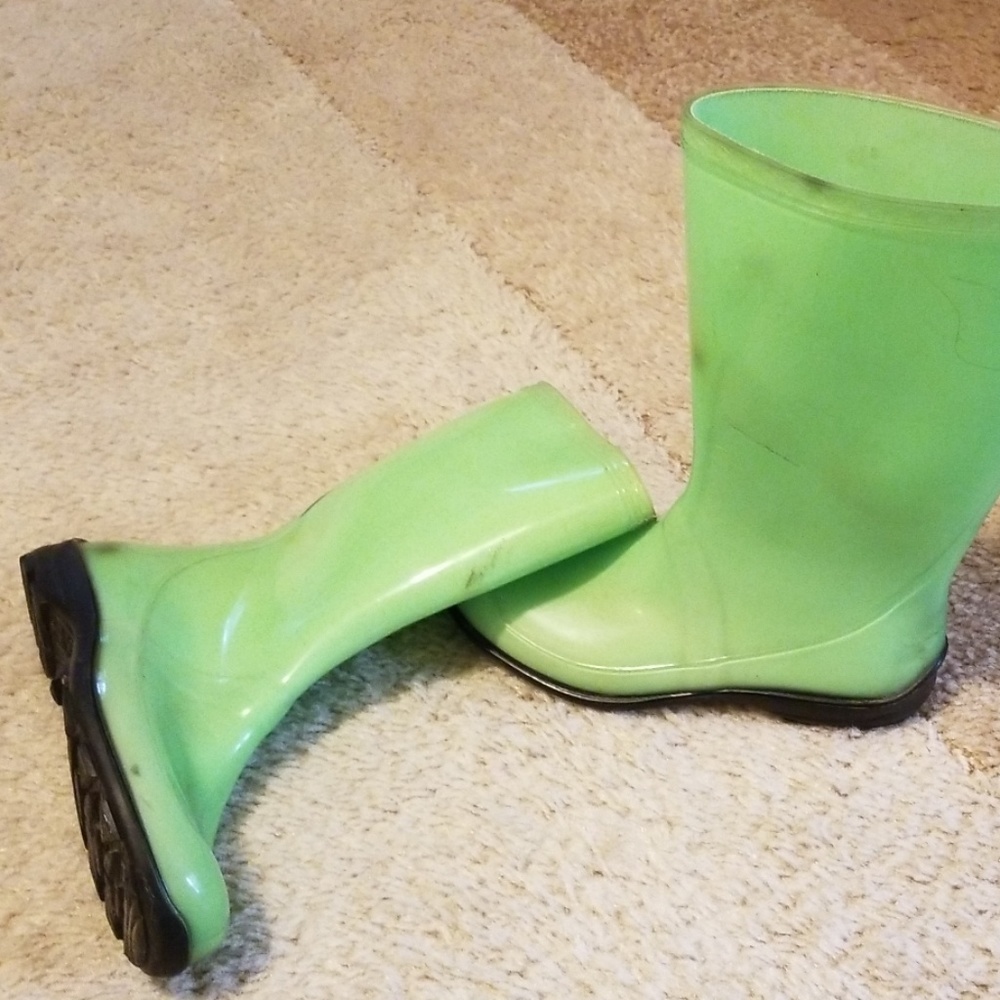 Bright green rainboots